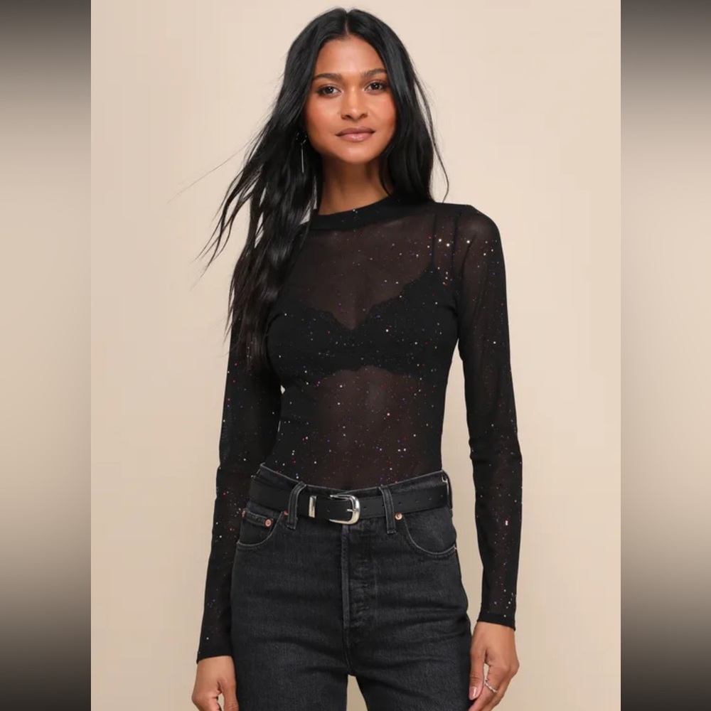 Lulu’s Black Mesh Multi Embellished Mesh Bodysuit